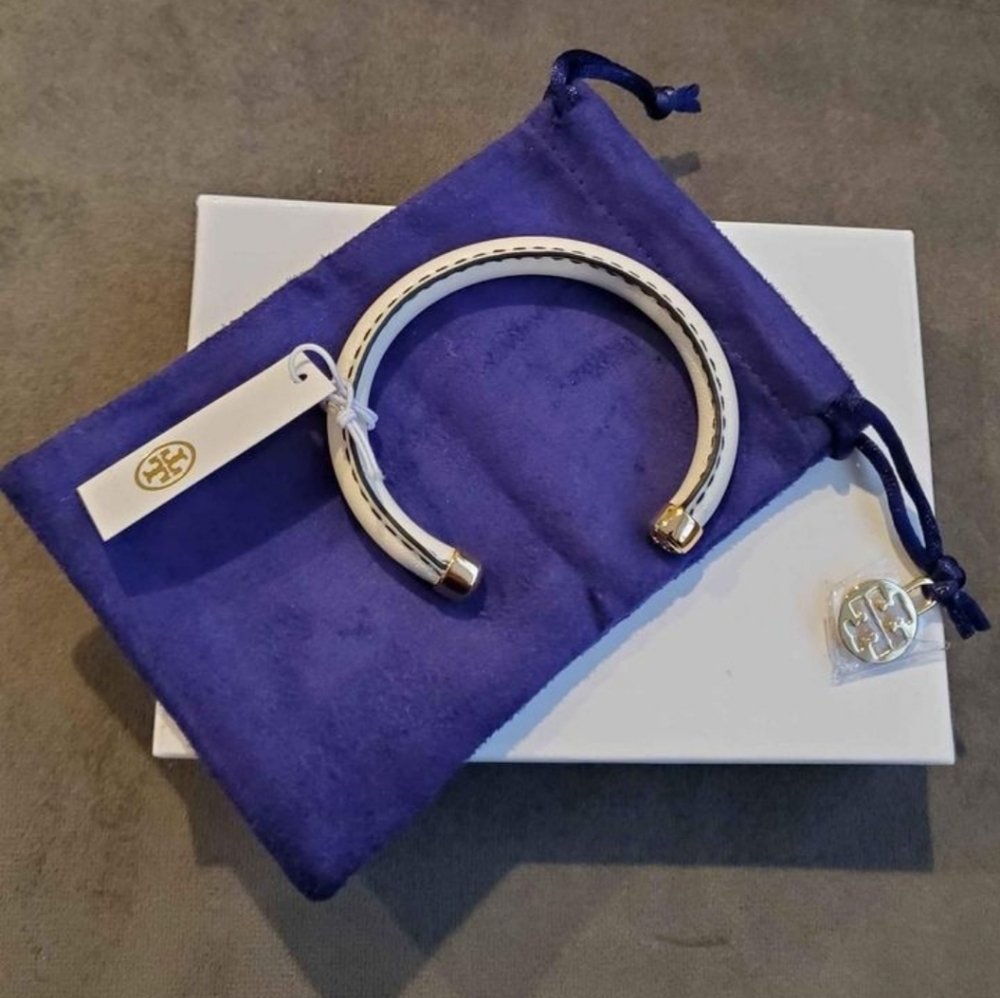 Tory Burch Miller Leather Cuff Bracelet in Ivory & Gold New with Tags